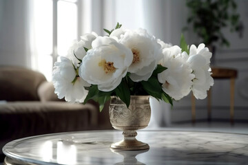 A beautiful bouquet of white peones in a vase. Living room decoration. Generated AI