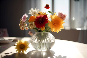 A beautiful bouquet of summer flowers in a vase. Living room decoration. Generated AI