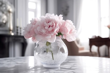 Fototapeta na wymiar A beautiful bouquet of pink peones in a vase. Living room decoration. Generated AI