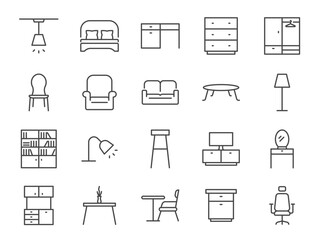 Furniture icon set. It included home appliances, room, cabinet, closet, and more icons. Editable Vector Stroke. - 613204541