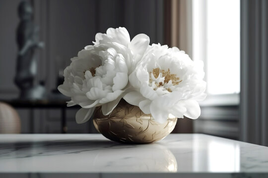A beautiful bouquet of white peones in a vase. Living room decoration. Generated AI