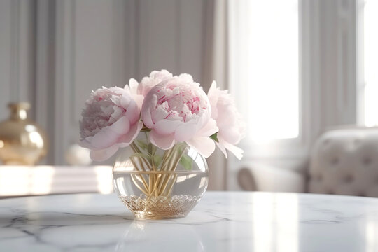 A beautiful bouquet of pink peones in a vase. Living room decoration. Generated AI