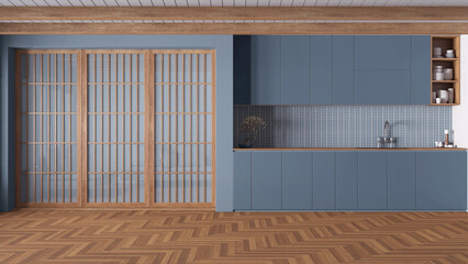 Minimal japandi kitchen in wooden and blue tones. Cabinets and accessories, paper sliding door and herringbone parquet. Clean interior design