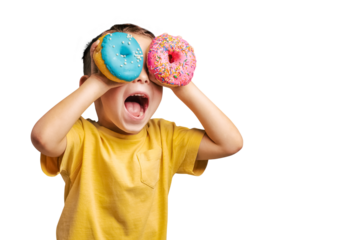 Happy cute boy is having fun played with donuts on png background. Bright photo of a child.