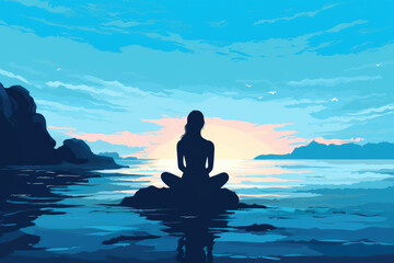 young woman silhouette in yoga lotus pose on blue seascape illustration Generative AI