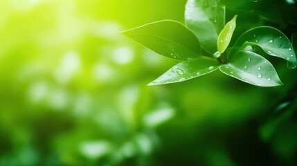Closeup of nature view green leaf on blurred greenery background under sunlight with bokeh and copy space using as background natural plants landscape, ecology wallpaper concept, Generative AI