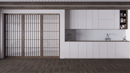 Minimal japandi kitchen in dark wooden and white tones. Cabinets and accessories, paper sliding door and herringbone parquet. Clean interior design