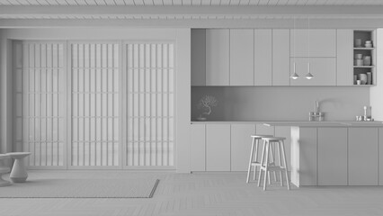 Total white project draft, minimal wooden japandi kitchen. Cabinets and island, paper sliding door...