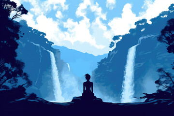 young woman in yoga lotus pose on blue waterfall nature landscape illustration Generative AI