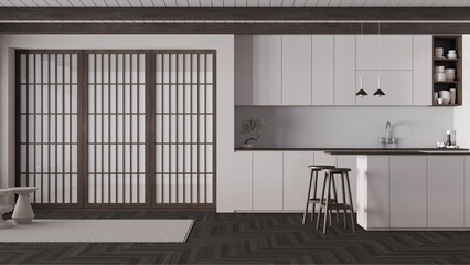 Minimal japandi kitchen in dark wooden and white tones. Cabinets and island, paper sliding door and herringbone parquet. Clean interior design