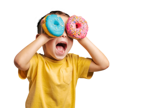Happy cute boy is having fun played with donuts on png background. Bright photo of a child.