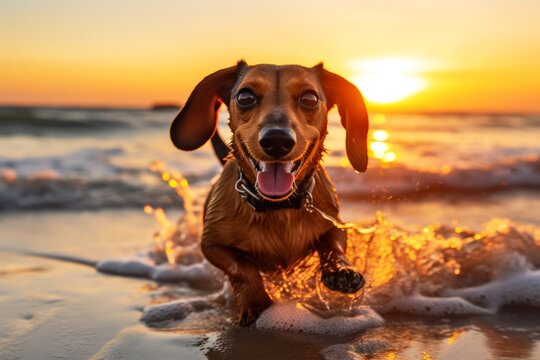 Dachshund Delight - Close-up of Smiling Dog at Sunset - Animal art made with Generative AI