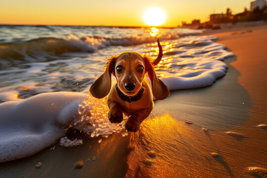 Dog's Day at the Beach - Dachshund Jumping at Sunset - Animal art made with Generative AI