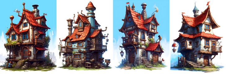 Obraz premium Set of handdrawn fairy houses. Medieval game level design. Tower Architecture. Generative Ai.