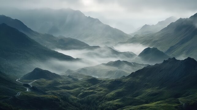 Beautiful mountain landscape with fog, Generative AI
