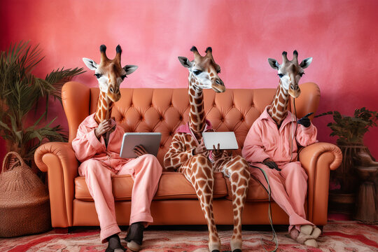 Group of three casual giraffes sitting at home on sofa and working from home. Animal are relaxed, casually dressed and enjoy at online business.  Abstract, bright and pastel colors. Generative AI.  
