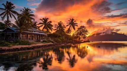 Fototapeta na wymiar Tropical beach Resort with palm trees at sunset, Generative AI