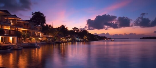 Fototapeta premium Tropical beach Resort with palm trees at sunset, Generative AI