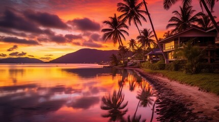 Fototapeta na wymiar Tropical beach Resort with palm trees at sunset, Generative AI