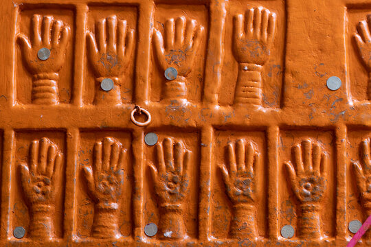 Sati handprints at gate of Mehrangarh  Fort, Jodhpur, Rajasthan, India