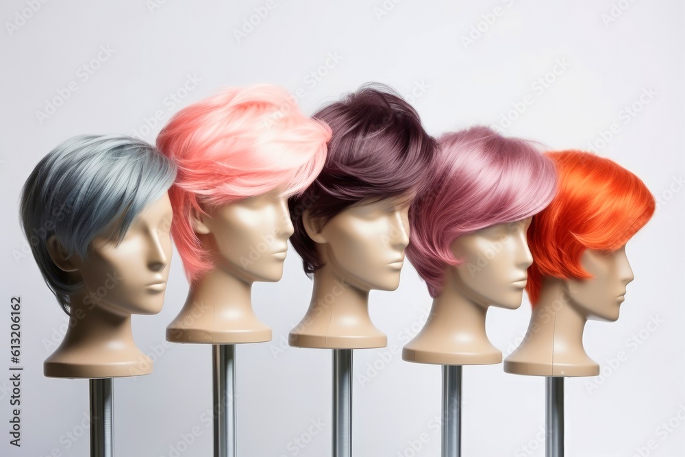 Wall mural Hair wig over the plastic mannequin head isolated over the white background, mockup featuring contemporary men hairstyles, Generative AI illustration