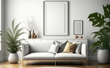 Empty picture frame mockup on a wall vertical frame mockup in modern minimalist interior with plant in trendy vase on wall background, Template for painting, photo or poster