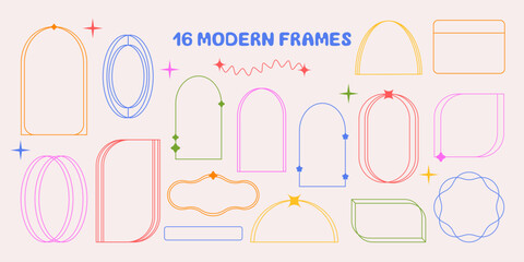 Set of aesthetic linear geometric frames. Modern colorful minimalist decorative vector line elements, frames, various geometric shapes for social media, print, postcards