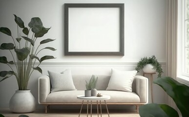 Empty picture frame mockup on a wall vertical frame mockup in modern minimalist interior with plant in trendy vase on wall background, Template for painting, photo or poster