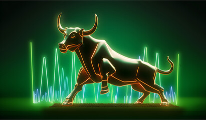 Bull with background of uptrend stock market. Concept of bullish market. AI generated