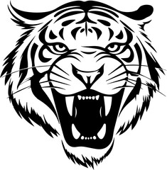 Black and white illustration of roaring tiger.