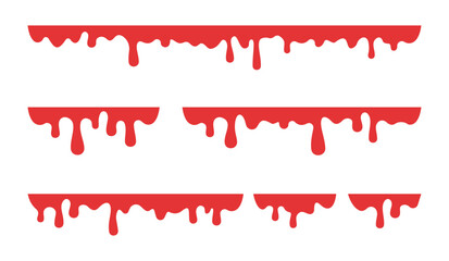 Dripping blood. Liquid red ink drips, blood splatter, ruddy paint drops. Halloween horror decoration flat vector illustration set