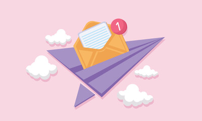 Cartoon Paper Airplane with Envelope. New message concept. Sent letter by email. Online social media marketing. Subscribe to newsletter. Isolated icon.