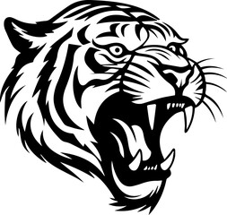 Black and white illustration of an angry tiger.