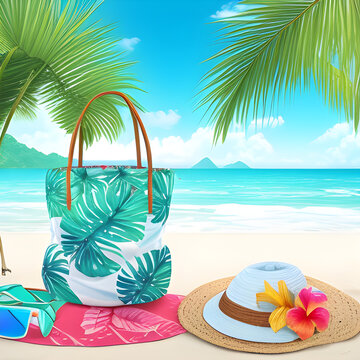 Stylish beach bag with accessories on a towel and a tropical beach in the background. summer vacation concept. Vacation at sea. generative AI