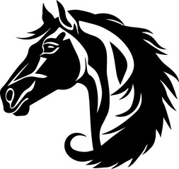 Black and white illustration of horse head.