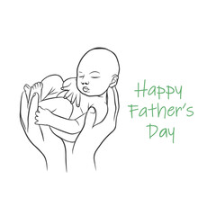 Fathers hands holding baby, minimalist card, happy fathers day on white background