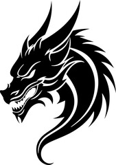 Black and white illustration of dragon head.