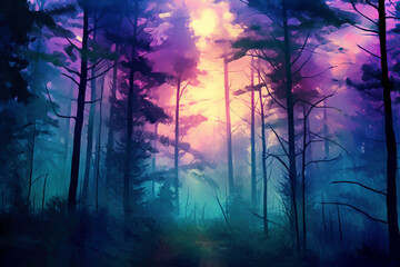 Abstract gradient art style, a mysterious forest at twilight with a mystical mood. AI generative