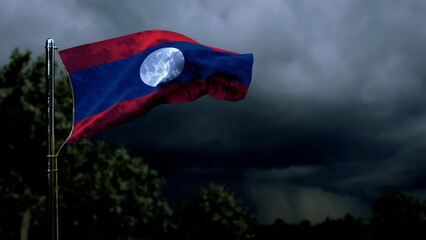 Lao People Democratic Republic flag for independence day on dark storm cumulus clouds - abstract 3D rendering