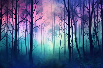 Obraz premium Abstract gradient art style, a mysterious forest at twilight with a mystical mood. AI generative