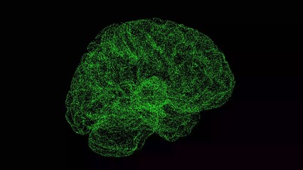 3D brain on black bg. Object dissolved flickering particles. Scientific medical concept. For title, text, presentation. 3d animation.