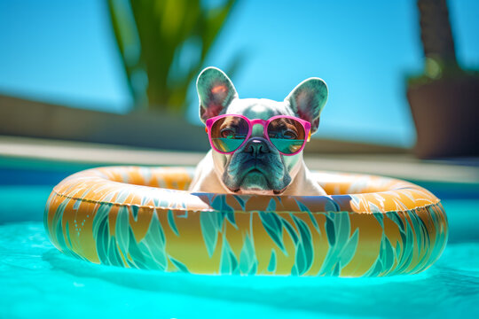 White French Bulldog in Pink Sunglasses Relaxing in a Yellow Pool Float - Animal art made with Generative AI