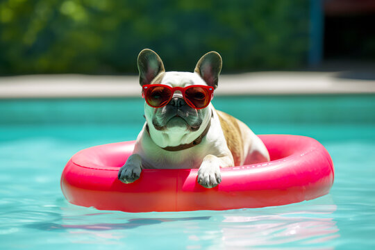 White French Bulldog in Red Sunglasses Playing in a Pink Pool Float - Summer Vacation - Animal art made with Generative AI