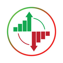 Bar graph with green up arrow and red down arrow. showing stock changes on trader's profit or loss, vector illustration, logo