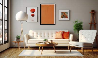 Bright 1960s-style living room, white with bright orange accents. Created using generative AI tools