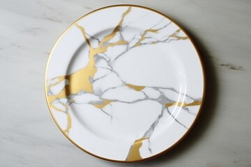 White and gold marble plate frame on marble texture Generative AI