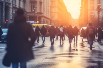 Crowd of people walking on the street in the City, Generative AI