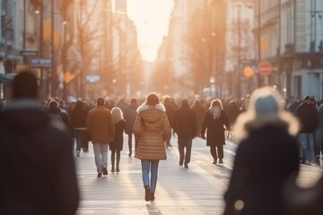 Crowd of people walking on the street in the City, Generative AI