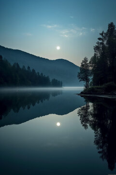 Photo of lake with moon reflection. AI generative