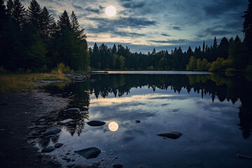 Fototapeta premium Photo of lake with moon reflection. AI generative